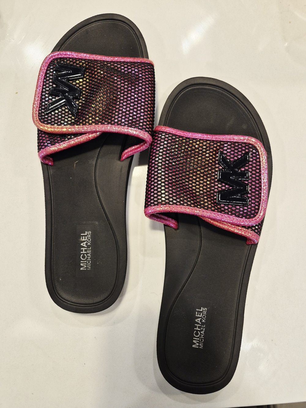 Michael Kors Black Slide Sandals with Pink Iridescent Straps